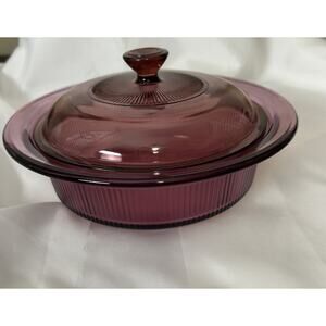 Vtg Cranberry Corning Visions Dish 1qrt With A Pyrex Lid.